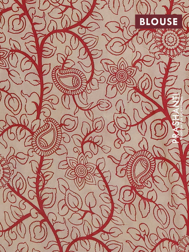 Kalamkari cotton saree beige and kum kum red with allover prints and printed border