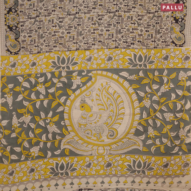Kalamkari cotton saree beige and black with allover prints and printed border