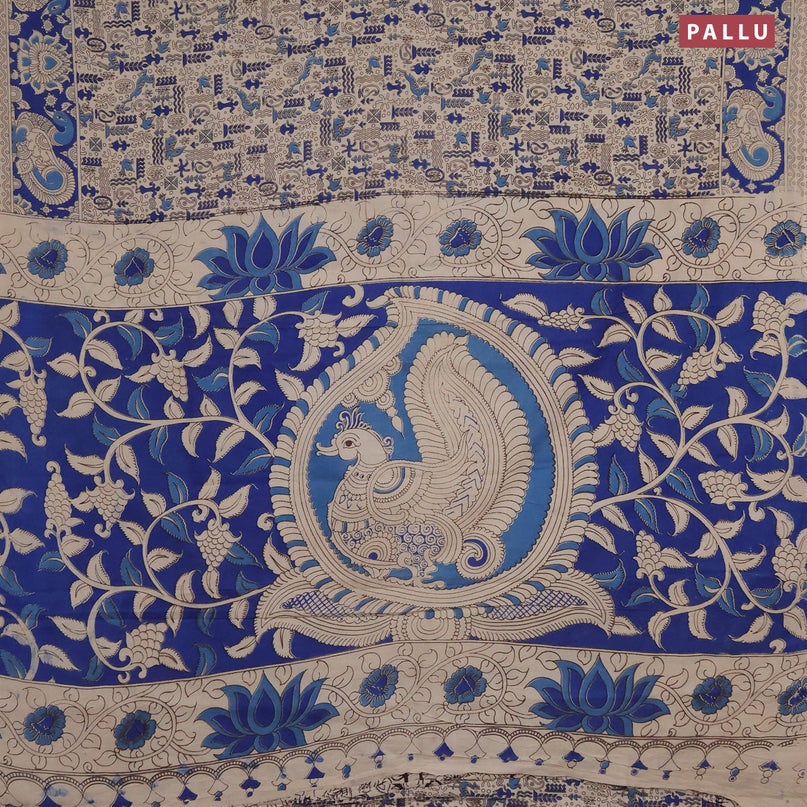 Kalamkari cotton saree beige and blue with allover prints and printed border
