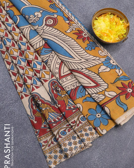Kalamkari cotton saree multi colour and maroon beige with allover geometric prints and printed border