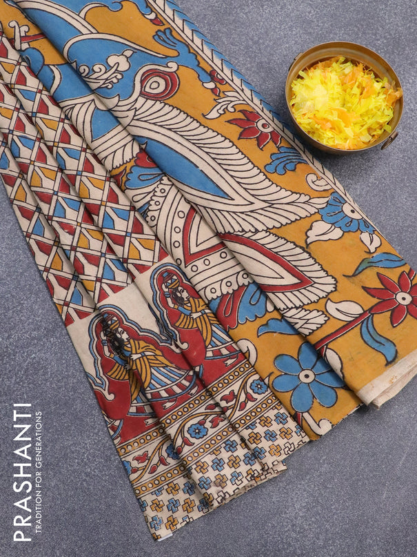 Kalamkari cotton saree multi colour and maroon beige with allover geometric prints and printed border