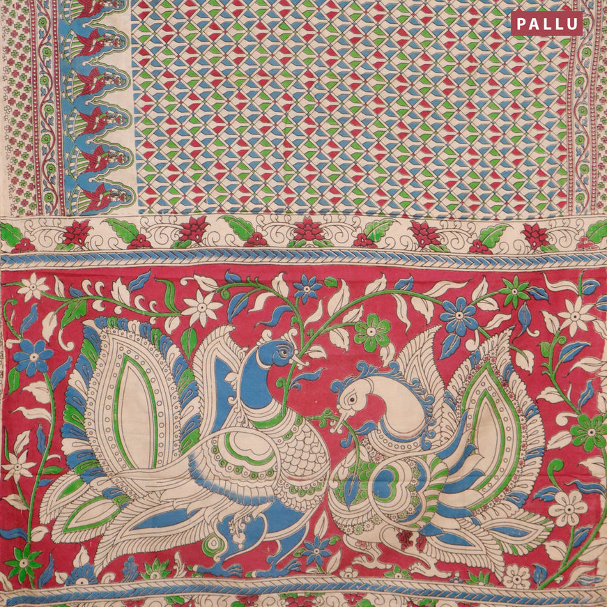 Kalamkari cotton saree multi colour and blue beige with allover geometric prints and printed border