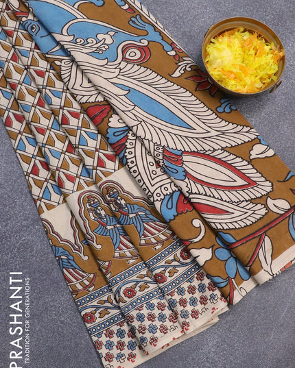 Kalamkari cotton saree multi colour and dark mustard beige with allover geometric prints and printed border