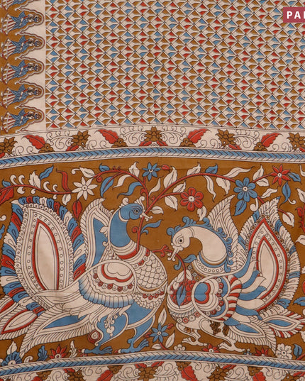 Kalamkari cotton saree multi colour and dark mustard beige with allover geometric prints and printed border