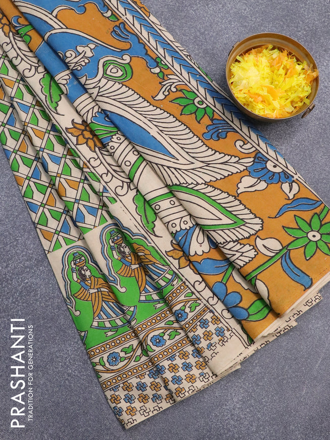 Kalamkari cotton saree multi colour and green with allover geometric prints and printed border