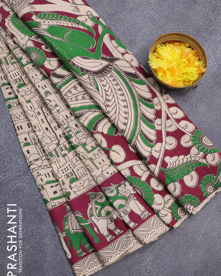 Kalamkari cotton saree beige and dark magenta with allover prints and printed border