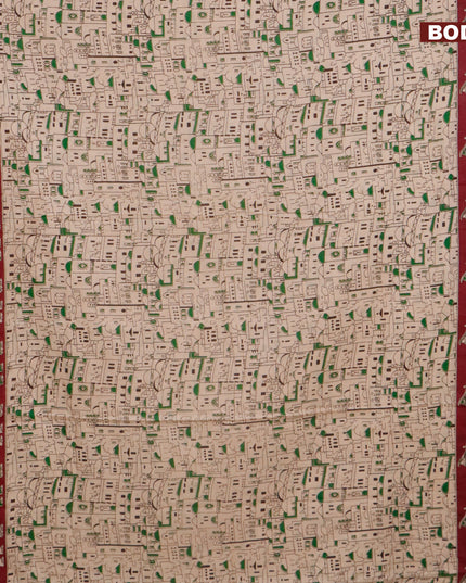 Kalamkari cotton saree beige and dark magenta with allover prints and printed border