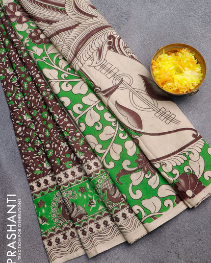 Kalamkari cotton saree dark brown and green with allover floral prints and printed border