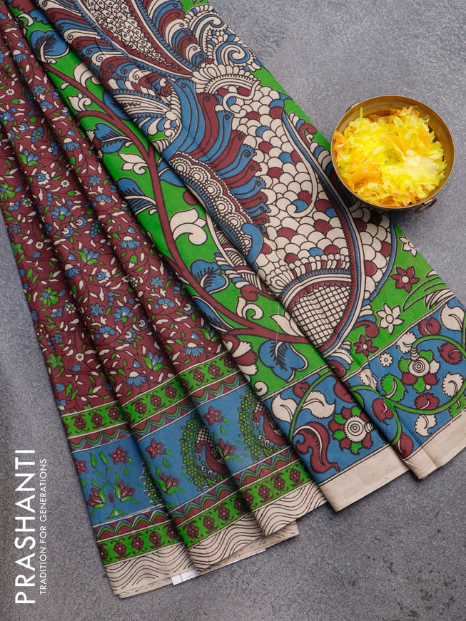 Kalamkari cotton saree wine shade and pastel blue with allover floral prints and printed border