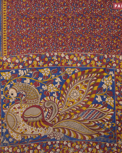 Kalamkari cotton saree pastel maroon and blue with allover floral prints and printed border