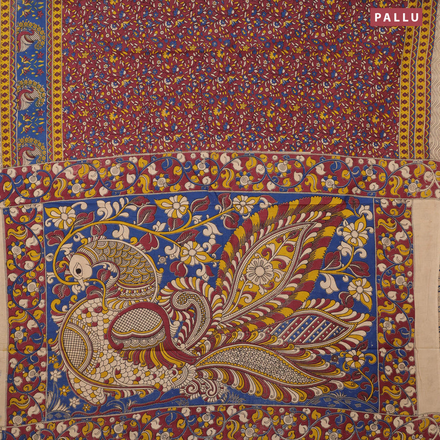 Kalamkari cotton saree pastel maroon and blue with allover floral prints and printed border