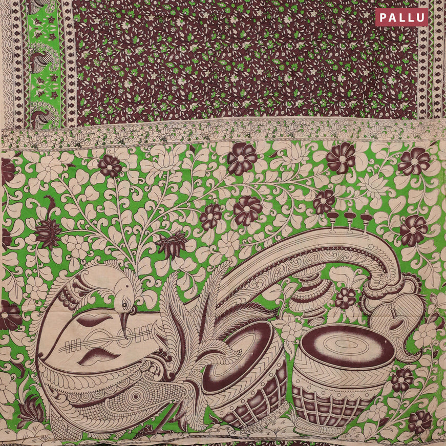 Kalamkari cotton saree dark brown and green with allover floral prints and printed border