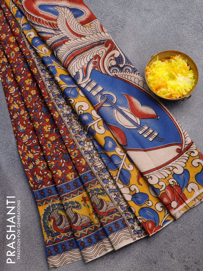 Kalamkari cotton saree maroon and yellow with allover floral prints and printed border