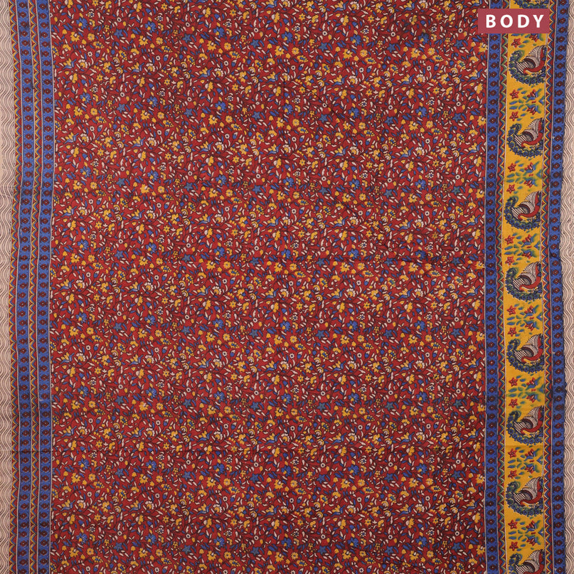 Kalamkari cotton saree maroon and yellow with allover floral prints and printed border
