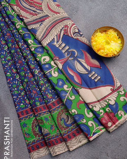 Kalamkari cotton saree blue and green with allover floral prints and printed border