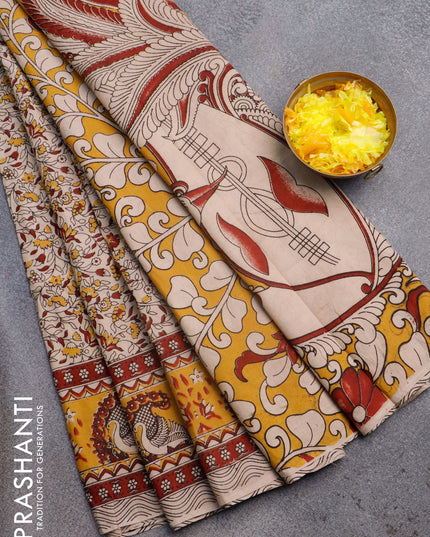 Kalamkari cotton saree beige maroon and yellow with allover floral prints and printed border