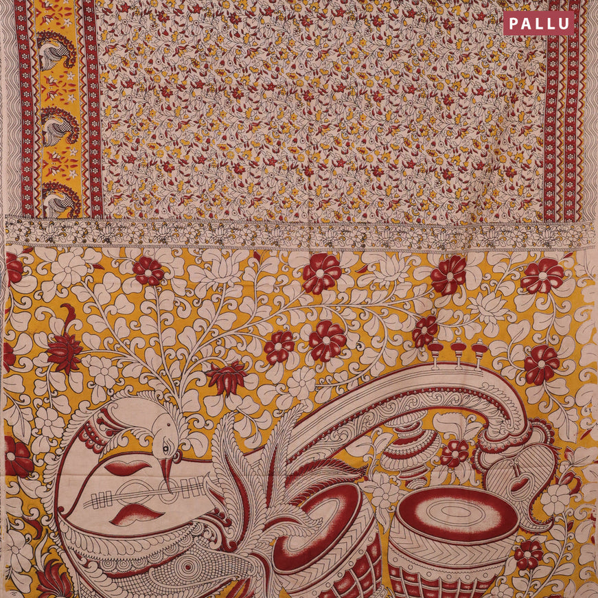 Kalamkari cotton saree beige maroon and yellow with allover floral prints and printed border