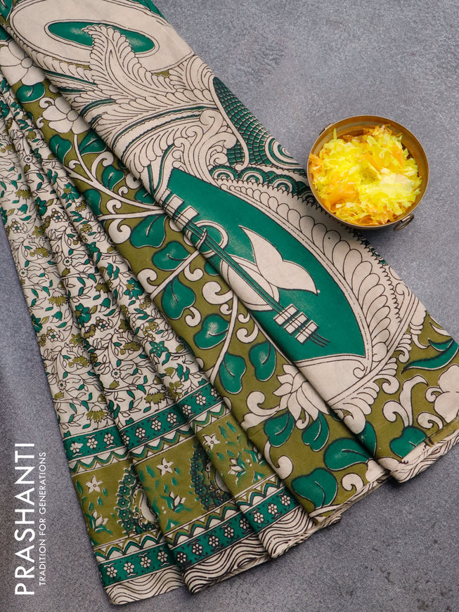 Kalamkari cotton saree beige green and mehendi green with allover floral prints and printed border