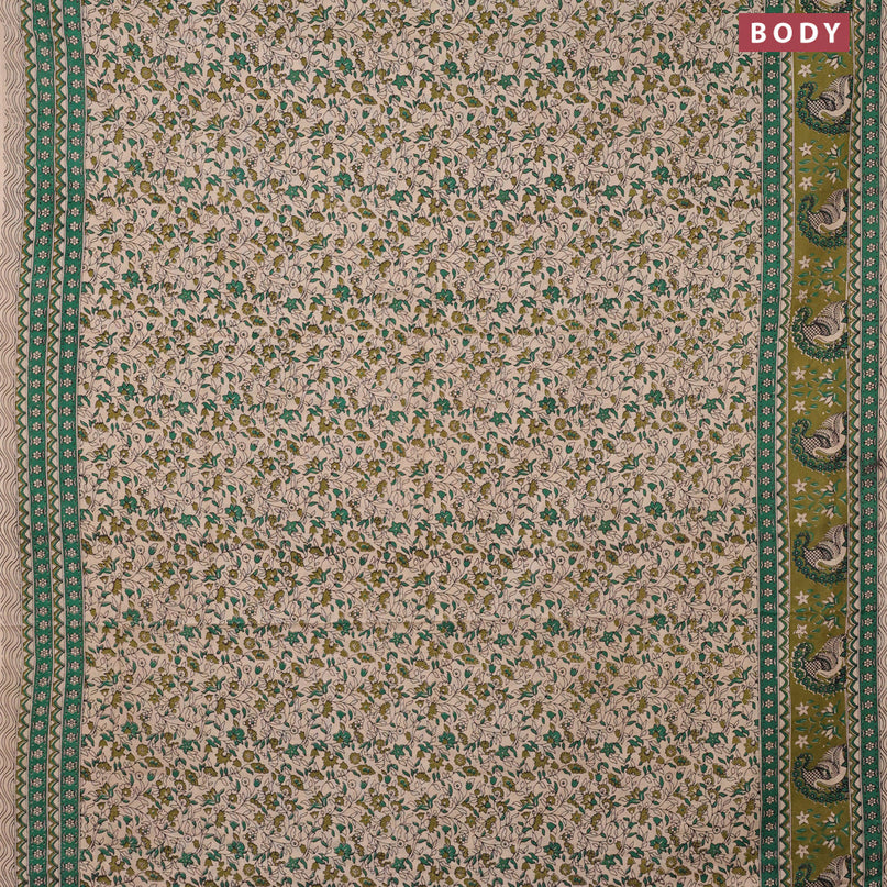 Kalamkari cotton saree beige green and mehendi green with allover floral prints and printed border