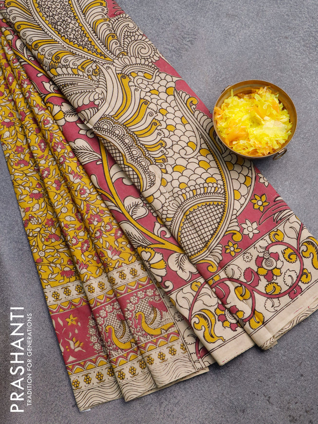 Kalamkari cotton saree yellow and pink with allover floral prints and printed border