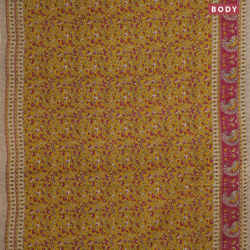 Kalamkari cotton saree yellow and pink with allover floral prints and printed border