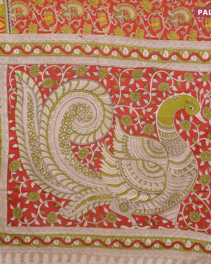 Kalamkari cotton saree red and light green with allover prints and printed border