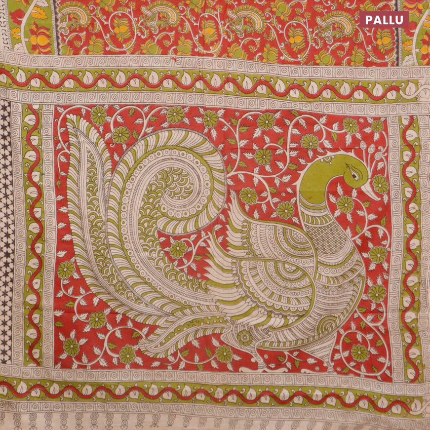 Kalamkari cotton saree red and light green with allover prints and printed border