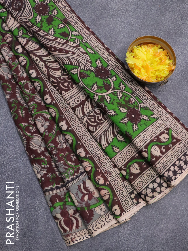 Kalamkari cotton saree coffee brown and grey with allover prints and printed border