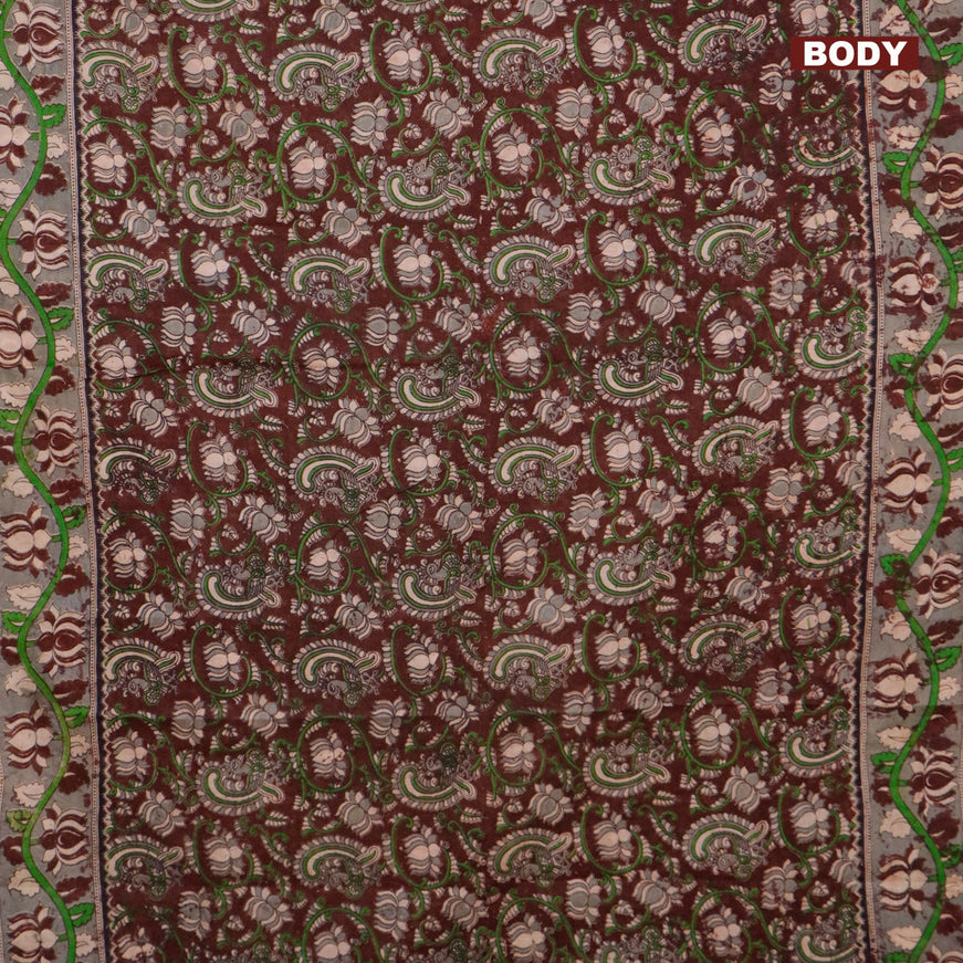 Kalamkari cotton saree coffee brown and grey with allover prints and printed border