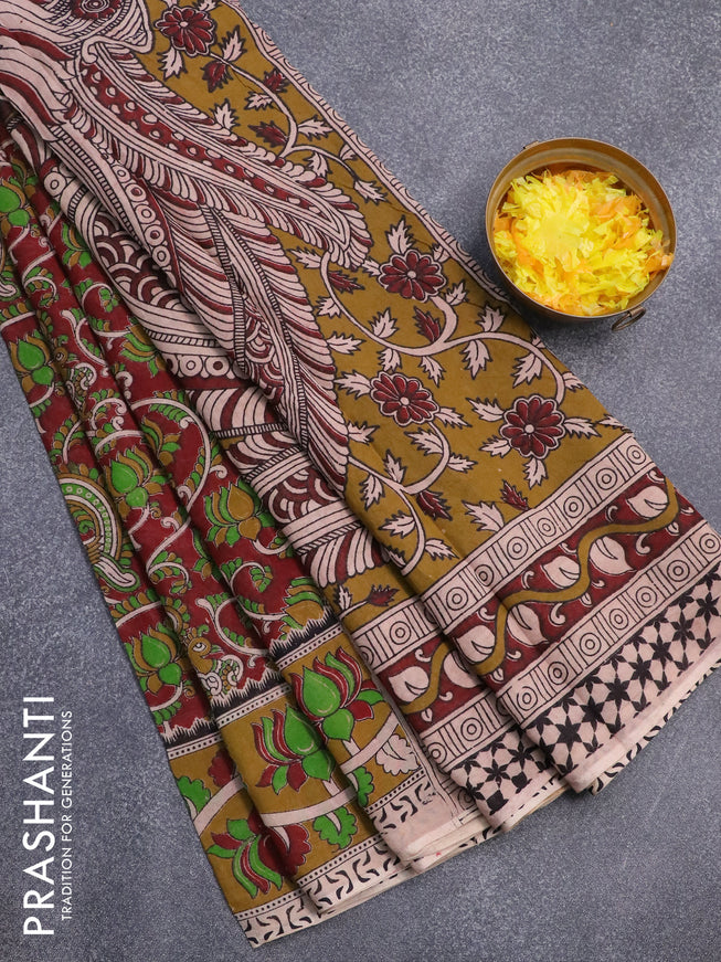 Kalamkari cotton saree maroon and mehendi green with allover prints and printed border