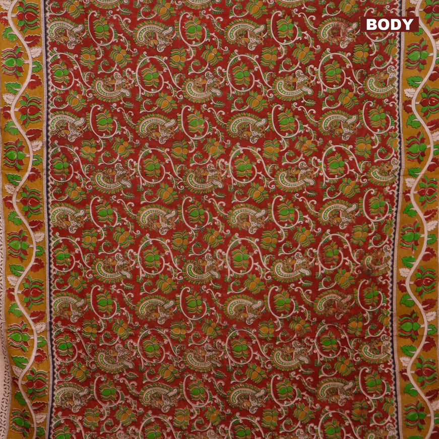 Kalamkari cotton saree maroon and mehendi green with allover prints and printed border