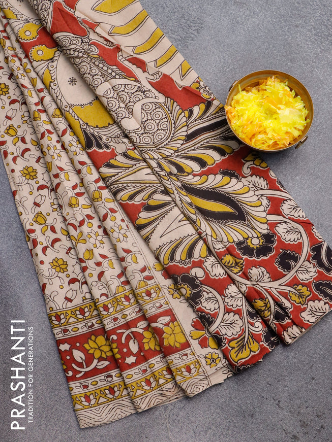 Kalamkari cotton saree beige and maroon with allover floral prints and printed border