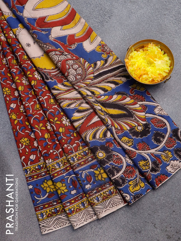 Kalamkari cotton saree maroon and blue with allover floral prints and printed border