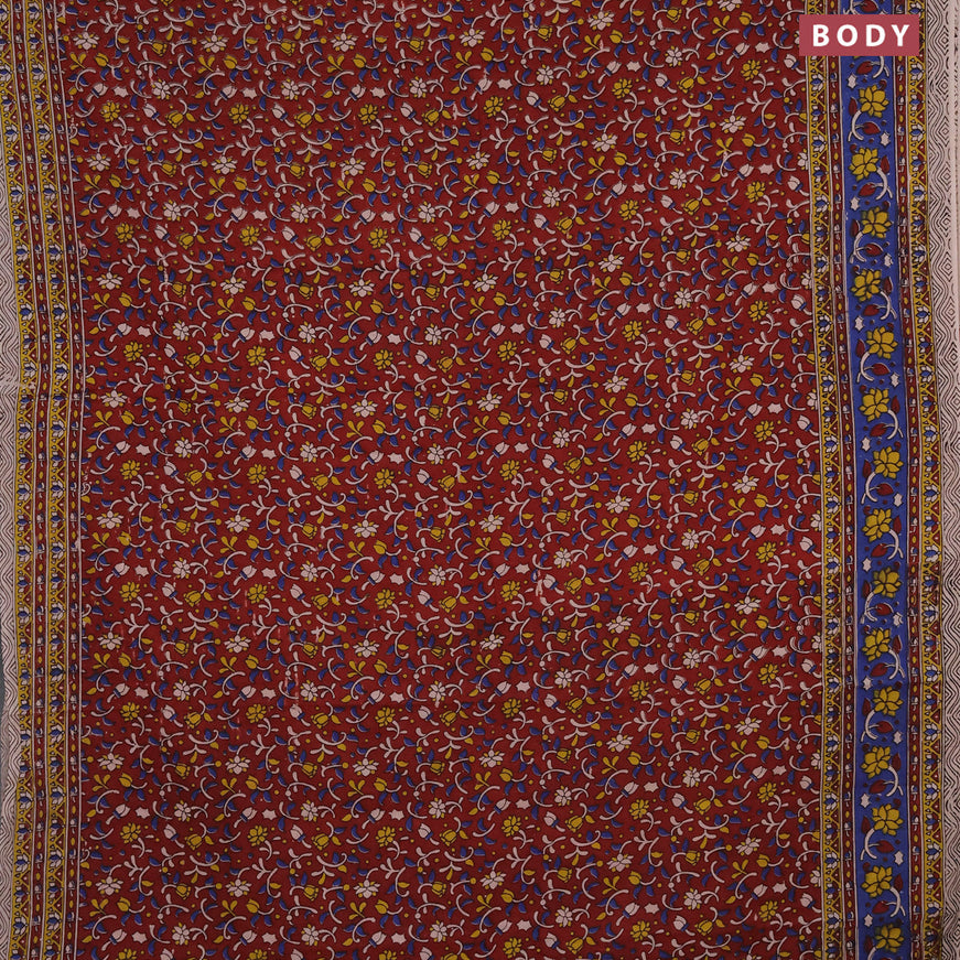 Kalamkari cotton saree maroon and blue with allover floral prints and printed border