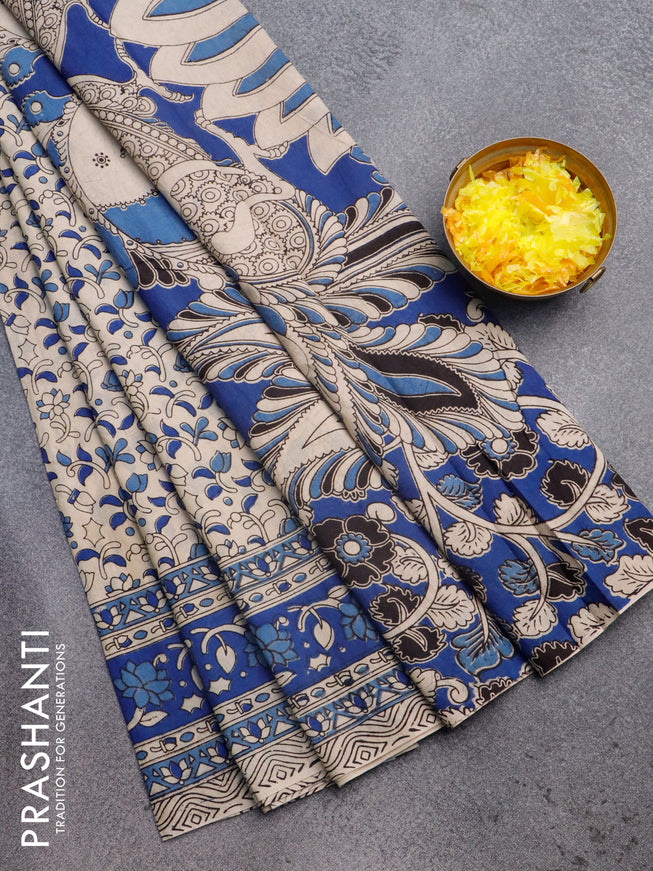 Kalamkari cotton saree beige and blue with allover floral prints and printed border