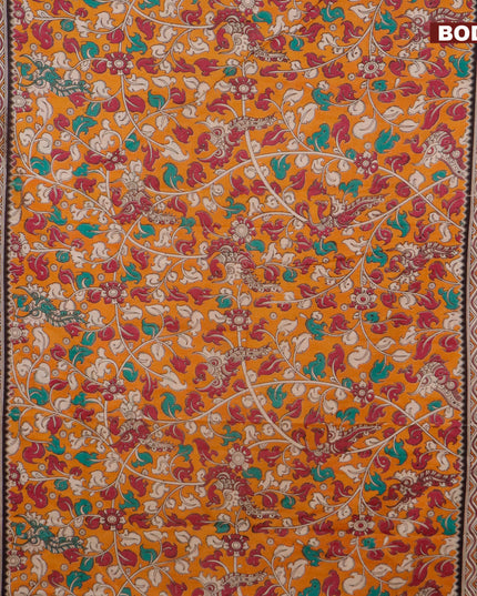 Kalamkari cotton saree orange and teal green with allover prints and printed border