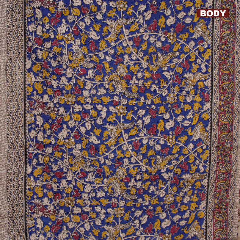 Kalamkari cotton saree blue and dark magenta with allover prints and printed border