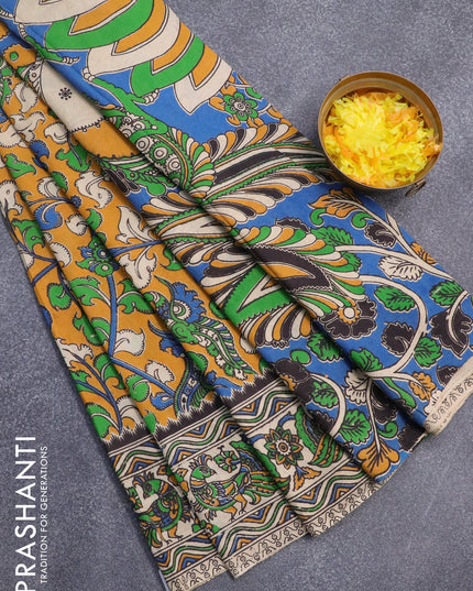 Kalamkari cotton saree mango yellow and beige with allover prints and printed border