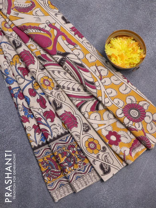 Kalamkari cotton saree beige and yellow with allover prints and printed border
