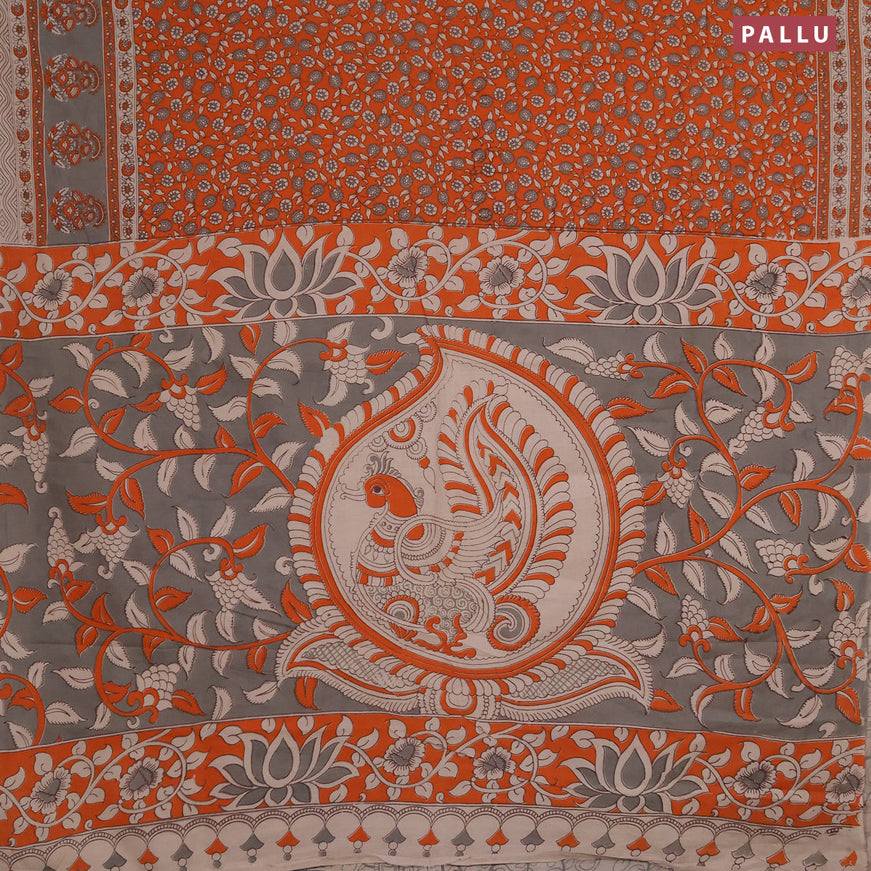 Kalamkari cotton saree orange and grey with allover floral prints and printed border