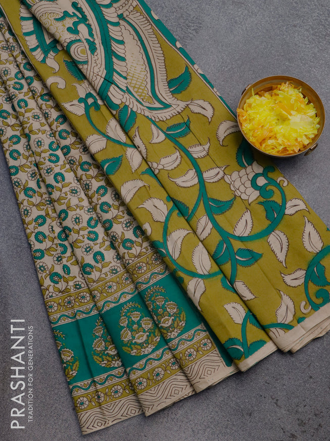 Kalamkari cotton saree beige and green with allover floral prints and printed border