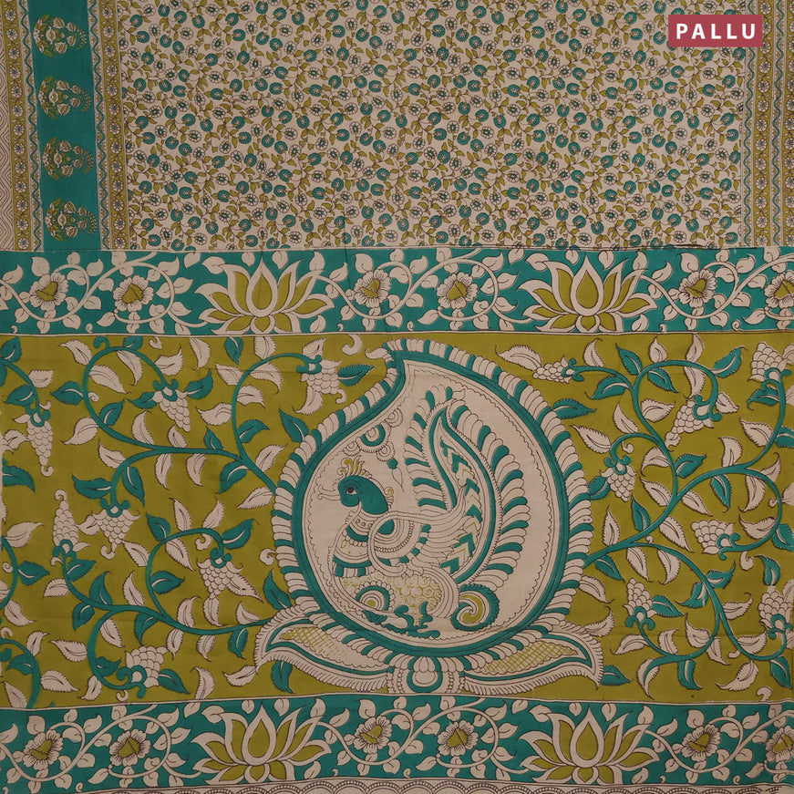 Kalamkari cotton saree beige and green with allover floral prints and printed border