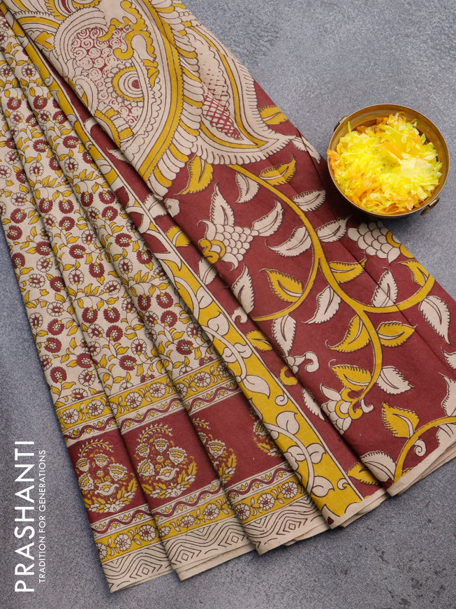 Kalamkari cotton saree beige and maroon with allover floral prints and printed border