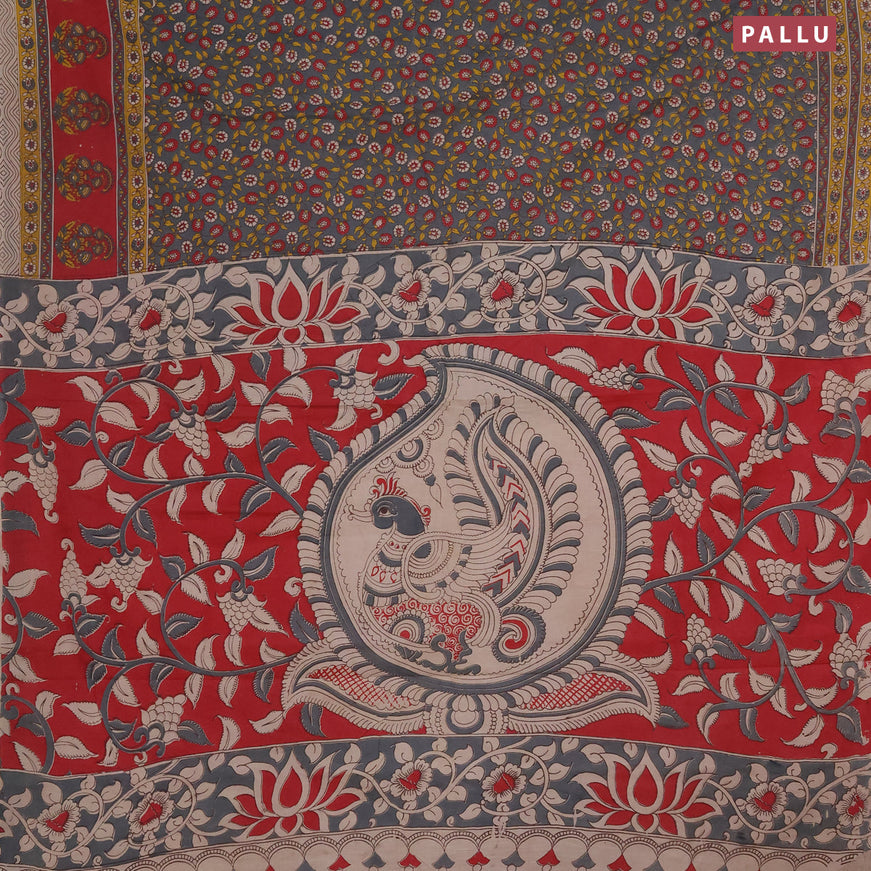 Kalamkari cotton saree grey and red with allover floral prints and printed border