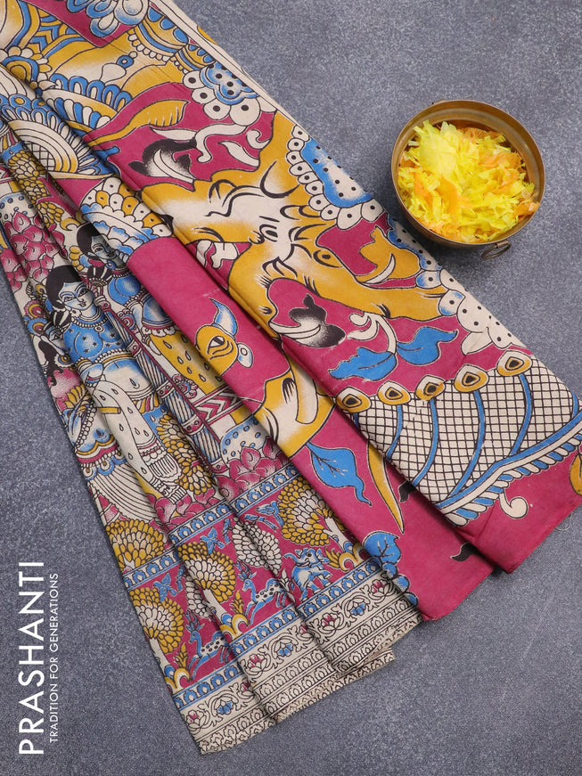 Kalamkari cotton saree beige and pink with allover prints and printed border