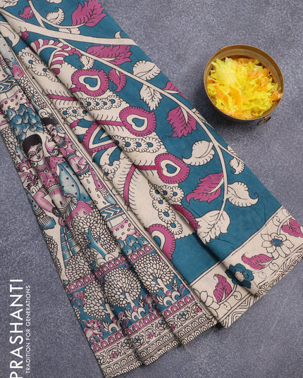 Kalamkari cotton saree beige and peacock blue with allover prints and printed border