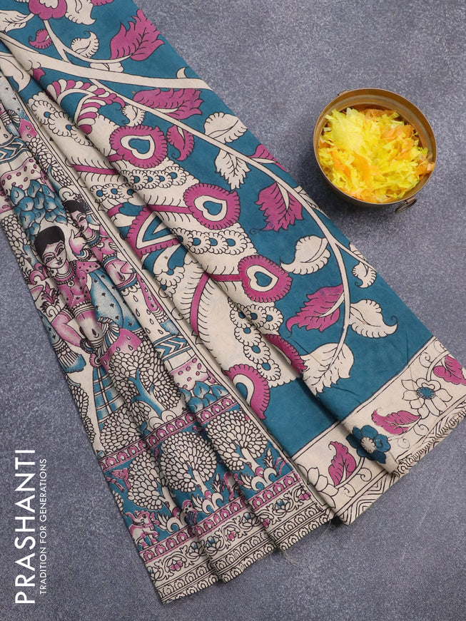 Kalamkari cotton saree beige and peacock blue with allover prints and printed border