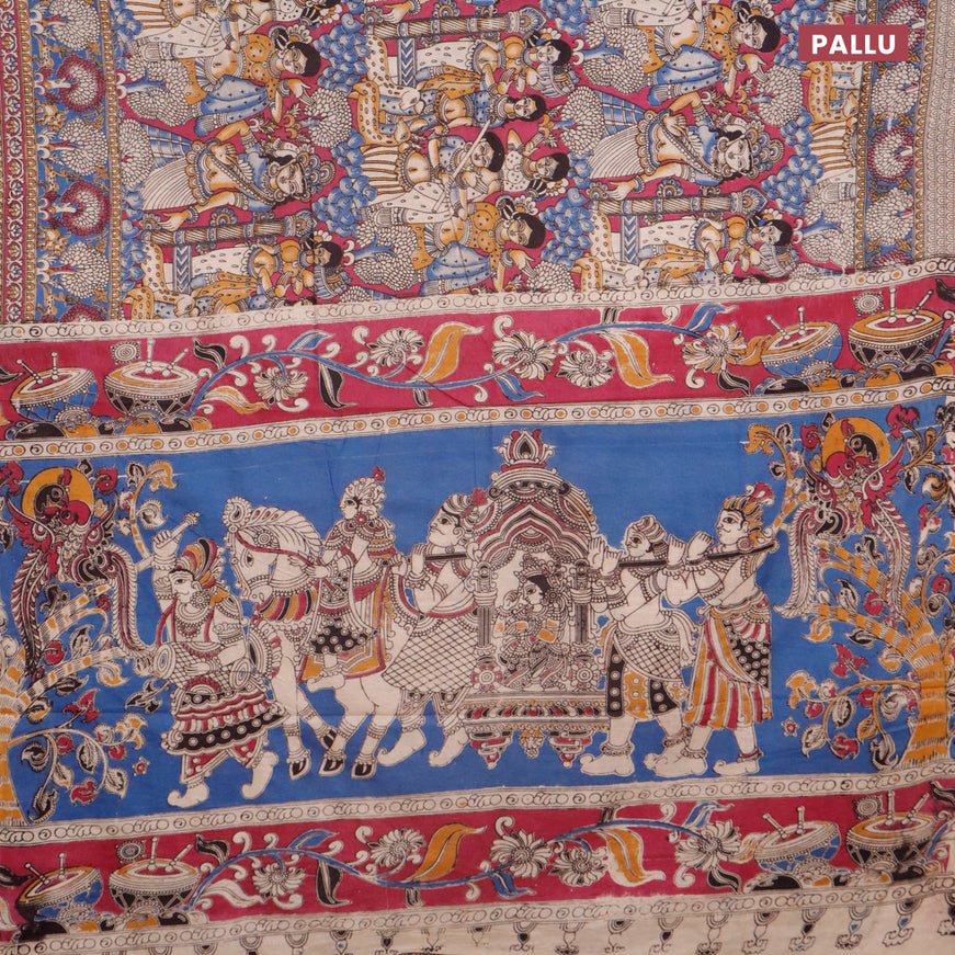 Kalamkari cotton saree dark magenta pink and blue with allover prints and printed border