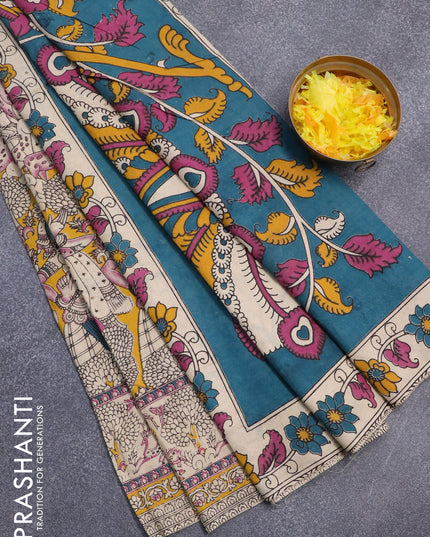 Kalamkari cotton saree yellow and beige with allover prints and printed border