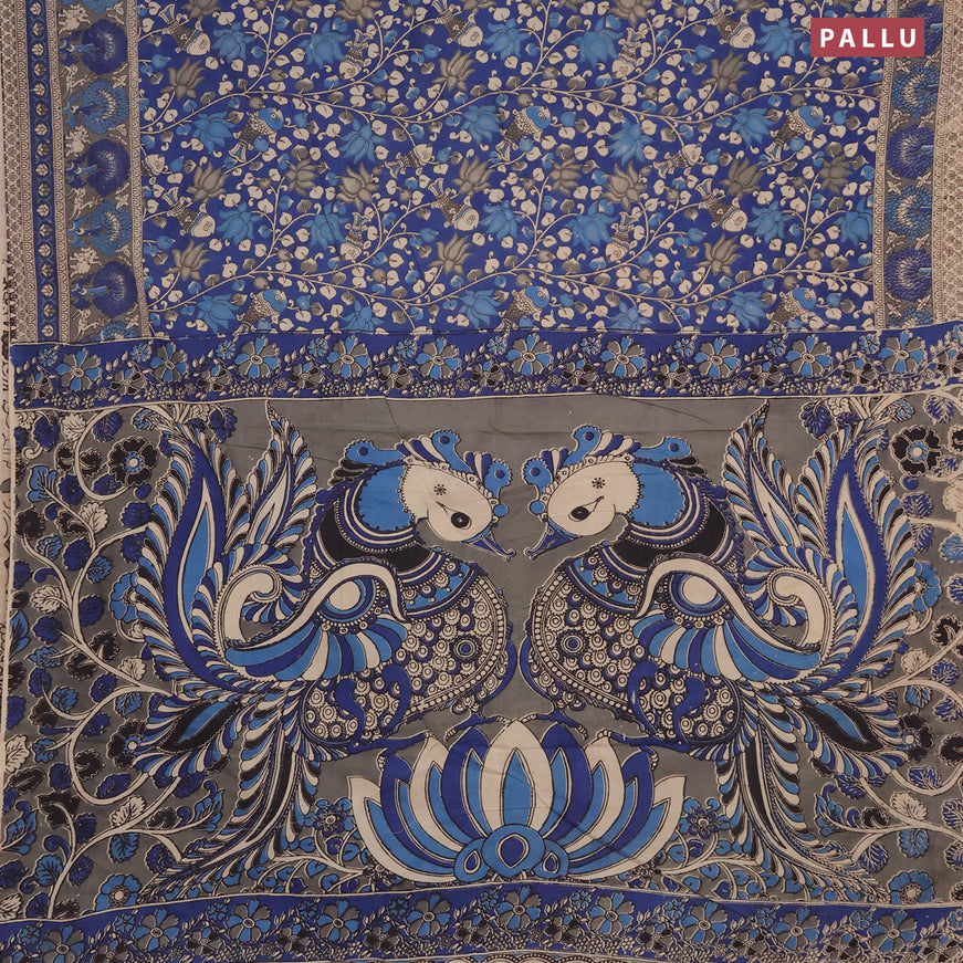Kalamkari cotton saree blue and grey with allover prints and printed border